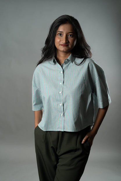 Cropped Oversized Shirts — Mint Green Stripes