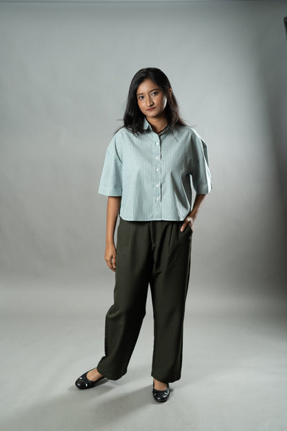 Cropped Oversized Shirts — Mint Green Stripes