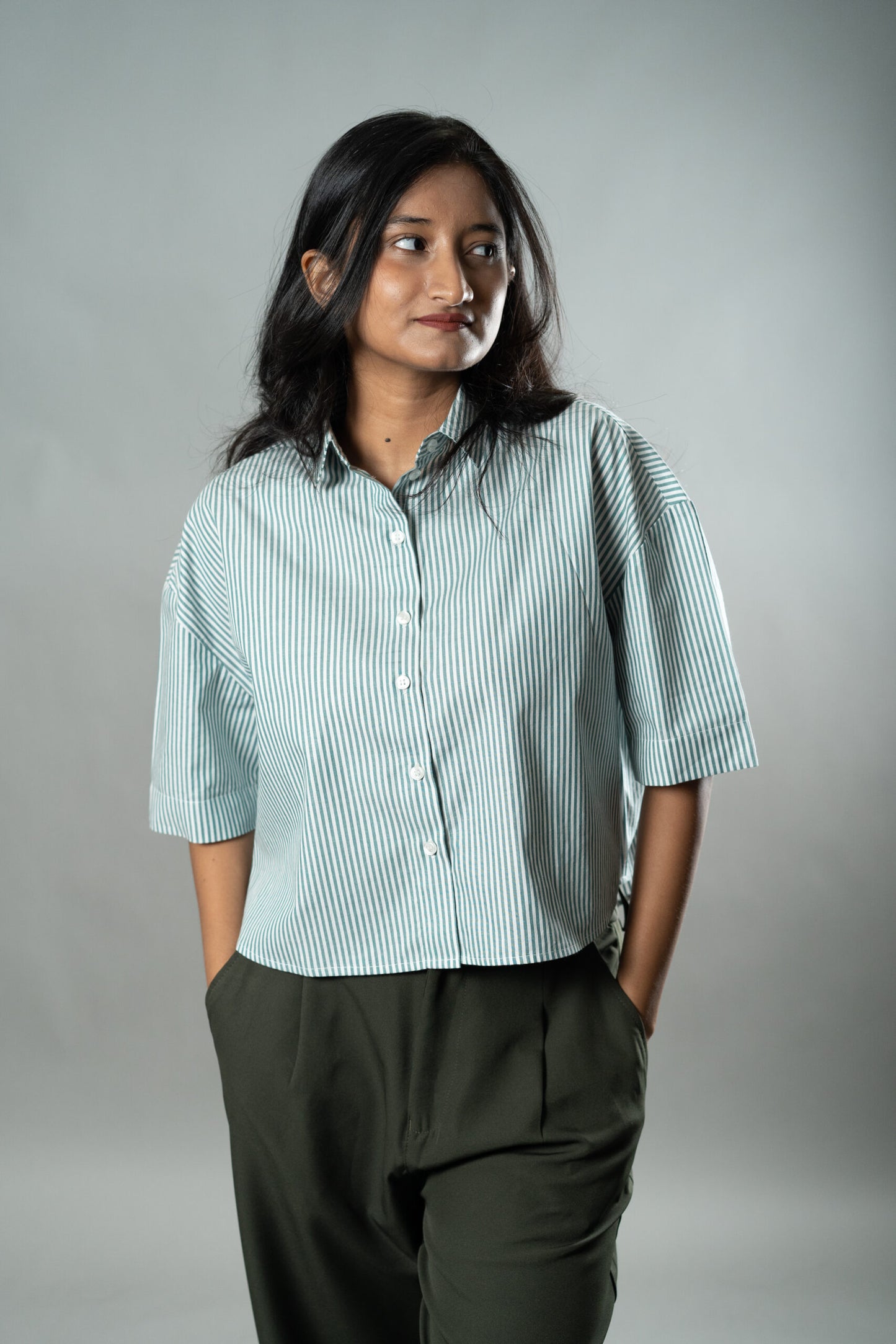 Cropped Oversized Shirts — Mint Green Stripes