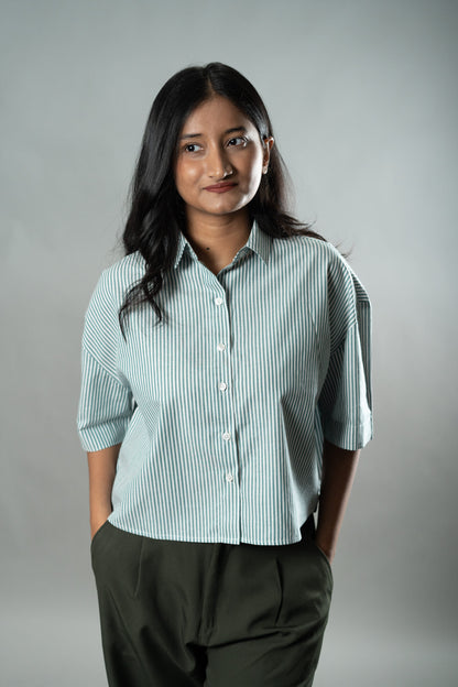 Cropped Oversized Shirts — Mint Green Stripes