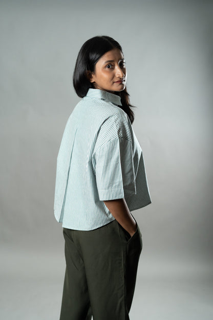 Cropped Oversized Shirts — Mint Green Stripes