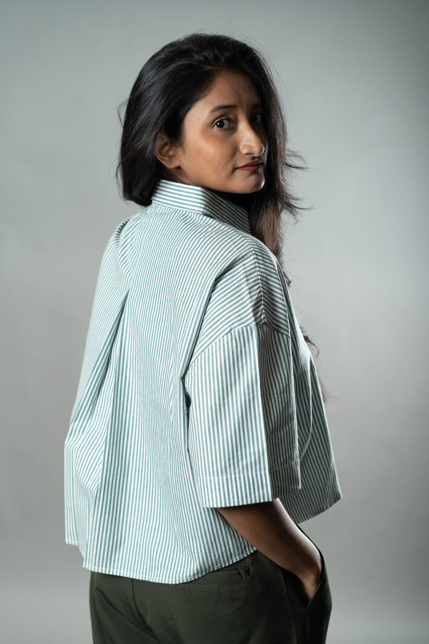 Cropped Oversized Shirts — Mint Green Stripes