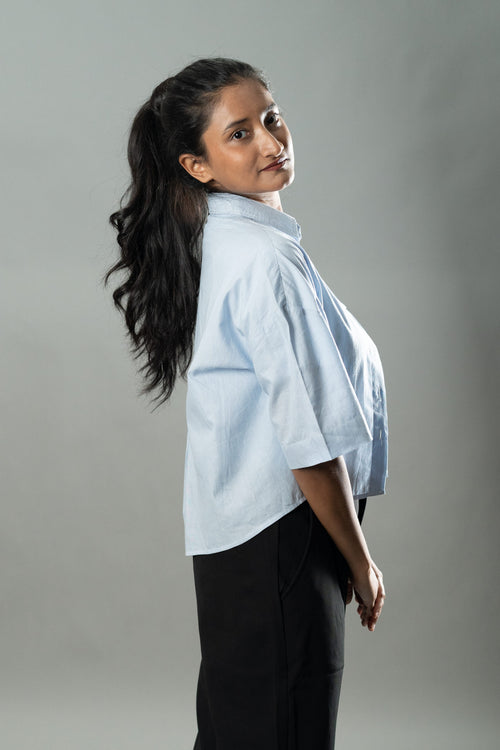 Load image 1 in gallery view. Cropped Oversized Shirts — Baby Blue Stripe