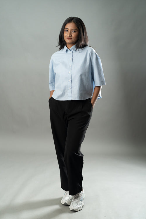 Load image 1 in gallery view. Cropped Oversized Shirts — Baby Blue Stripe