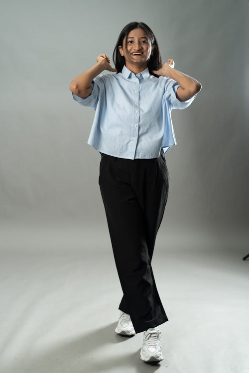 Load image 1 in gallery view. Cropped Oversized Shirts — Baby Blue Stripe