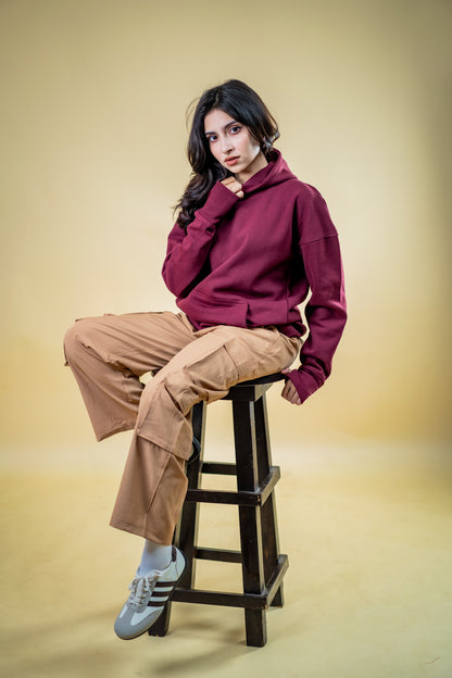 Oversized Drop Shoulder Hoodie: Maroon