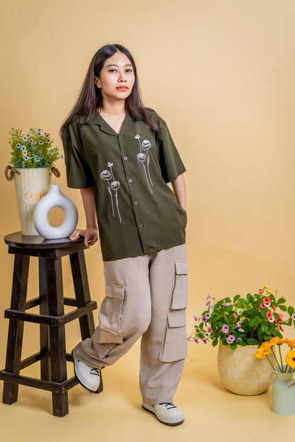 Embroidery Cuban Shirts — Olive