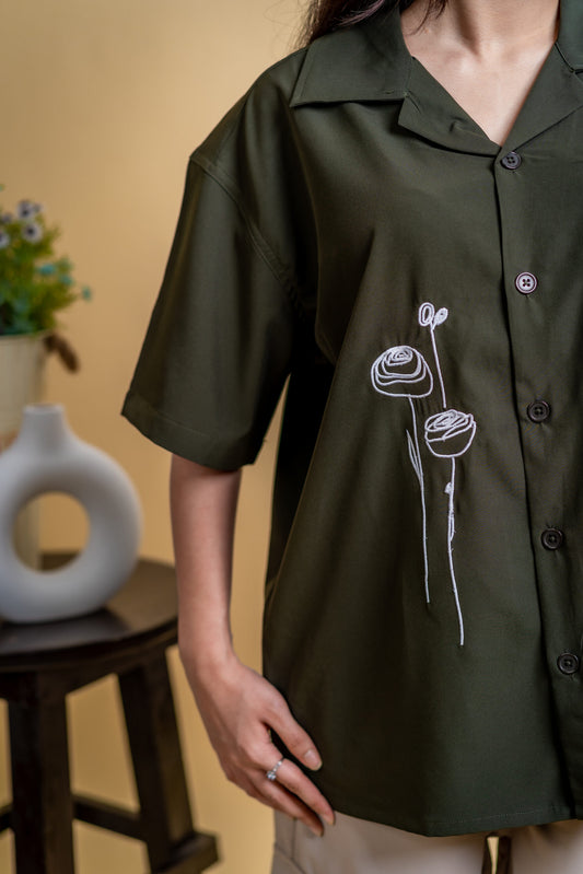 Embroidery Cuban Shirts — Olive