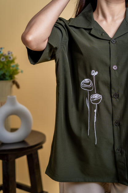 Embroidery Cuban Shirts — Olive