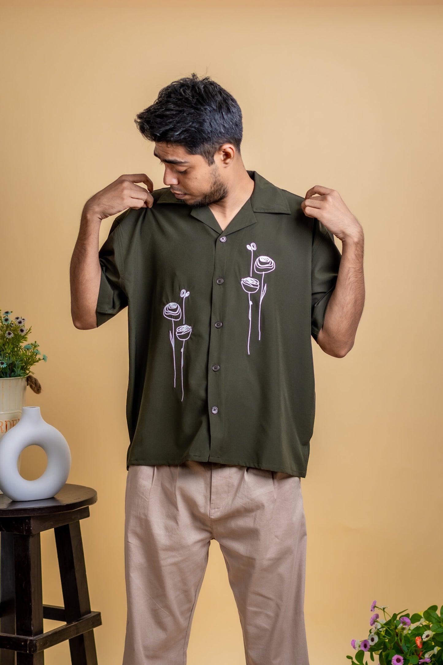 Embroidery Cuban Shirts — Olive