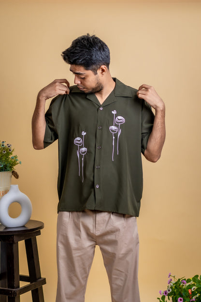Embroidery Cuban Shirts — Olive