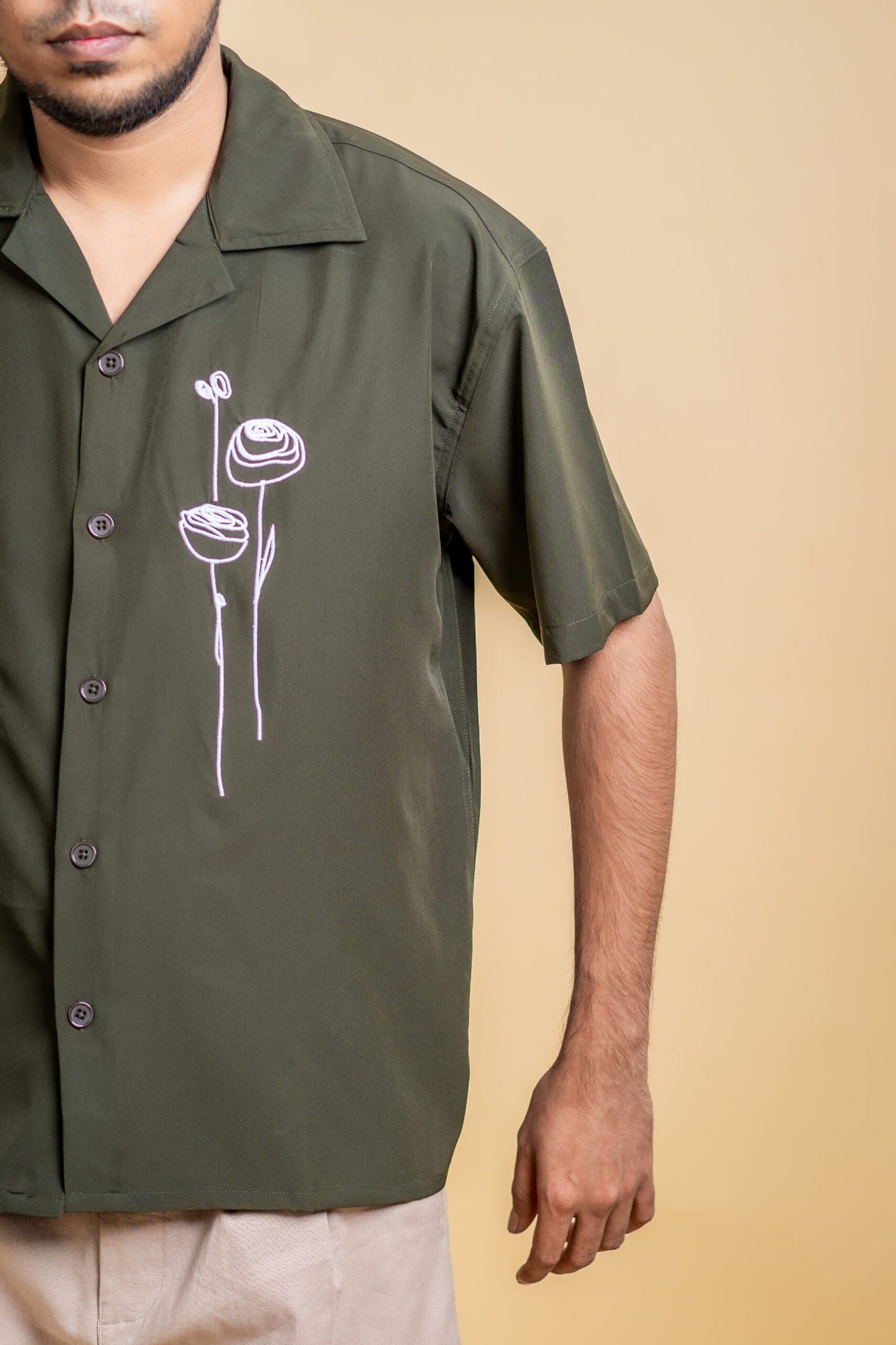Embroidery Cuban Shirts — Olive