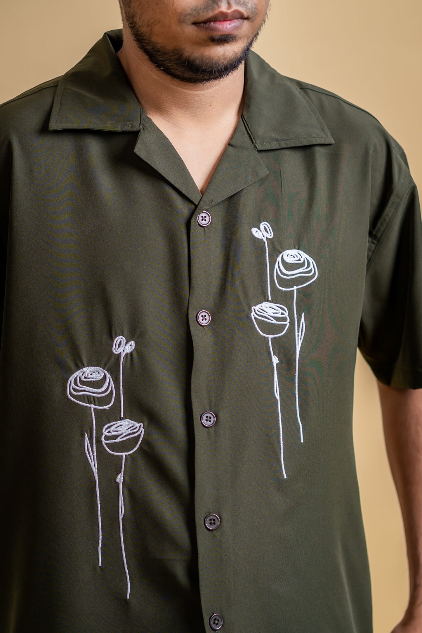 Embroidery Cuban Shirts — Olive
