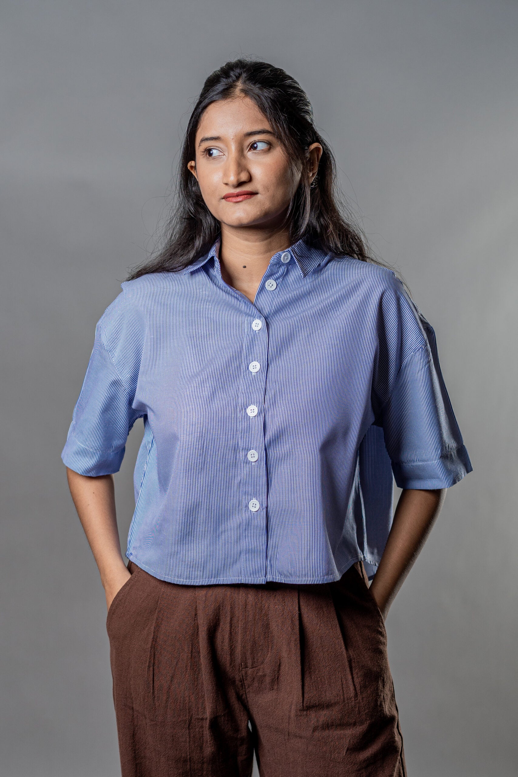 Cropped Oversized Shirts — Blue Striped