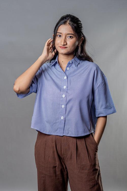 Load image 1 in gallery view. Cropped Oversized Shirts — Blue Striped