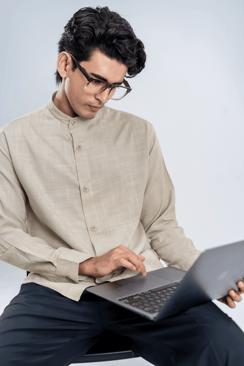 Load image 1 in gallery view. Mad Koffee Cotton Grandad Collar Shirt - Light Beige