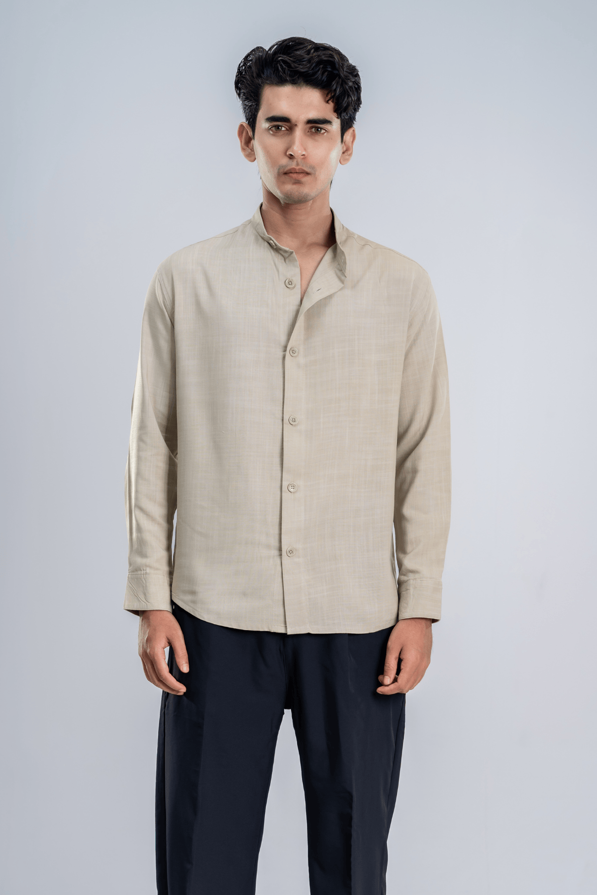 Mad Koffee Cotton Grandad Collar Shirt - Light Beige