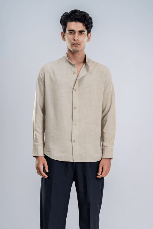 Load image 1 in gallery view. Mad Koffee Cotton Grandad Collar Shirt - Light Beige