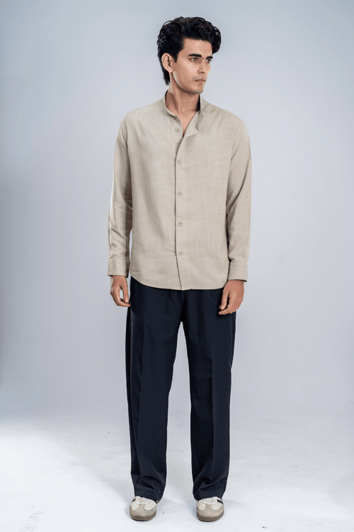 Load image 1 in gallery view. Mad Koffee Cotton Grandad Collar Shirt - Light Beige