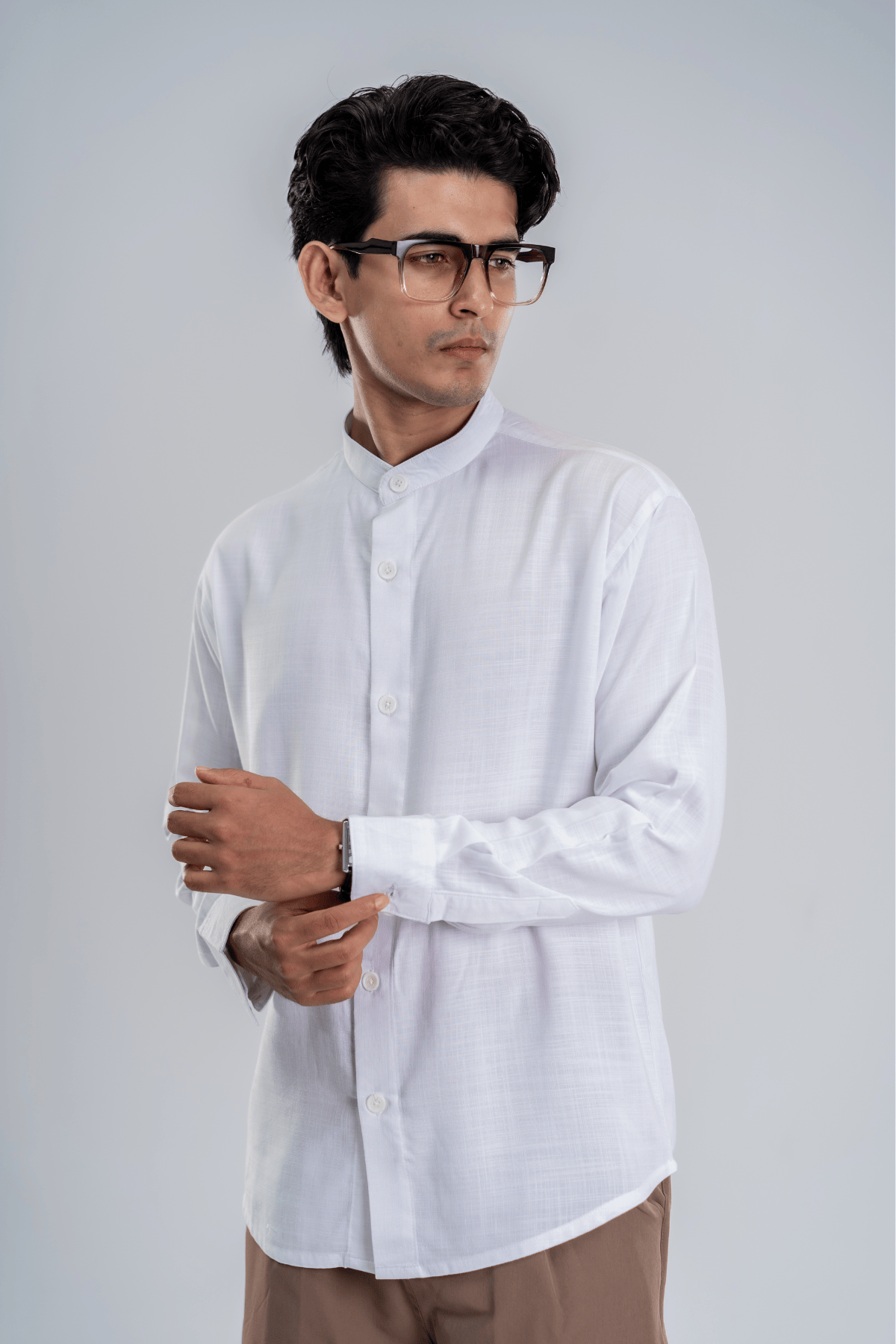 Mad Koffee Cotton Grandad Collar Shirt - Snow White