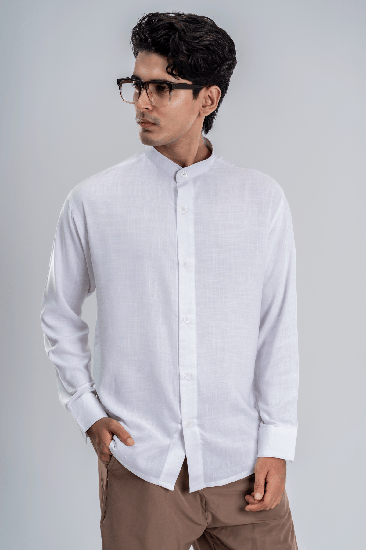 Mad Koffee Cotton Grandad Collar Shirt - Snow White