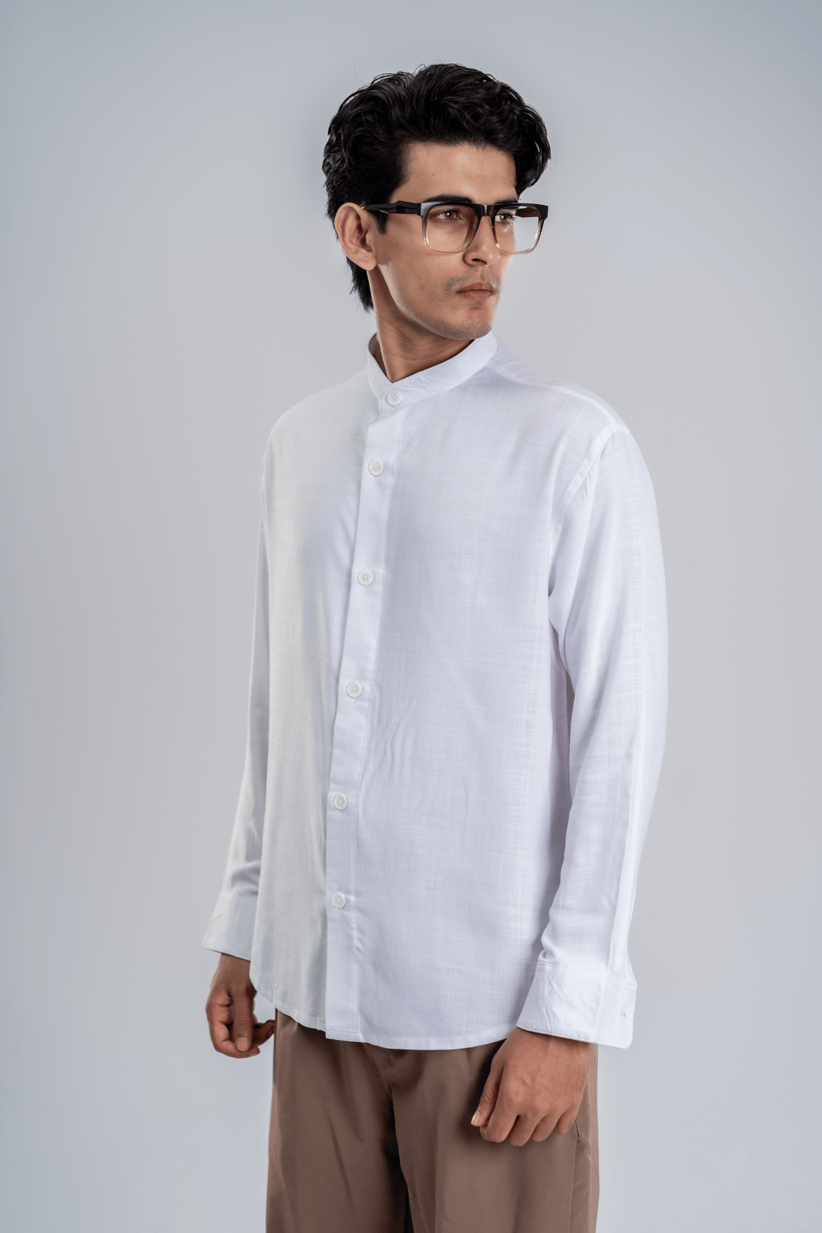 Mad Koffee Cotton Grandad Collar Shirt - Snow White