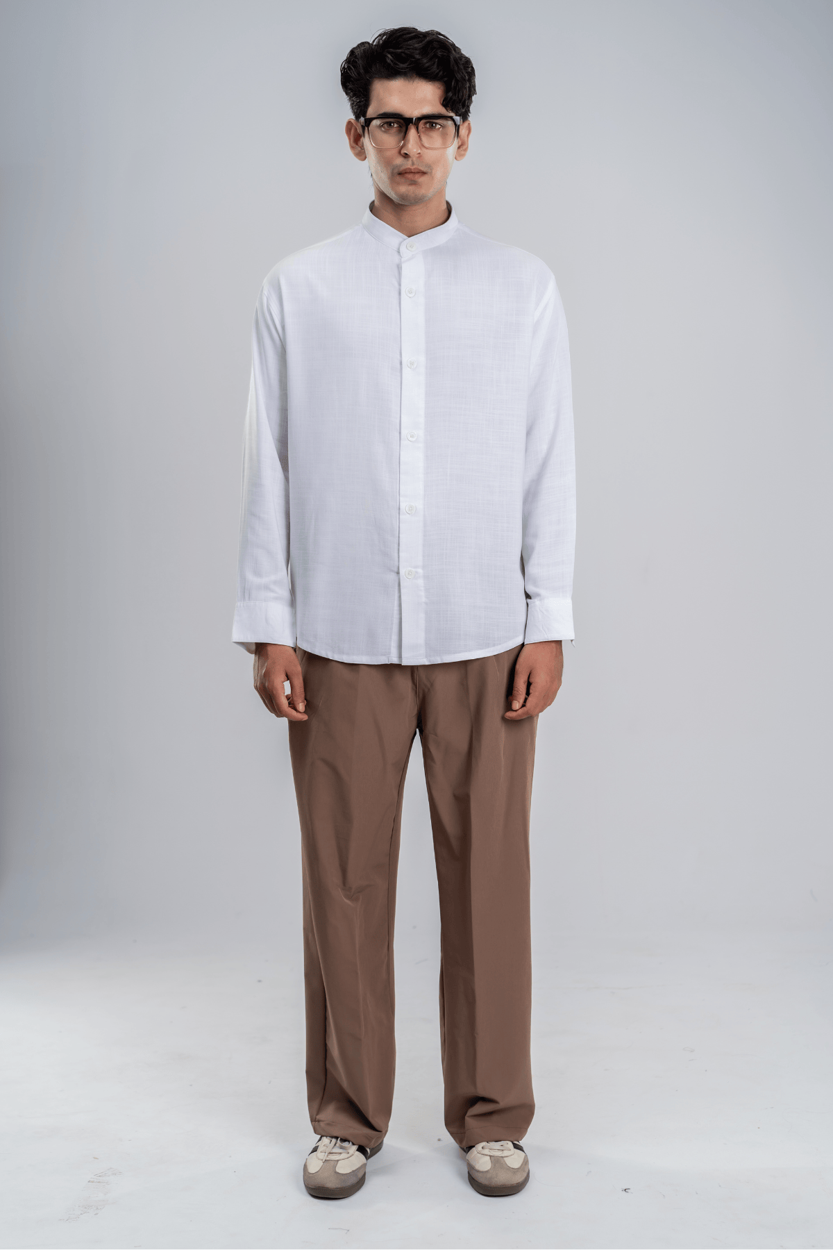 Mad Koffee Cotton Grandad Collar Shirt - Snow White