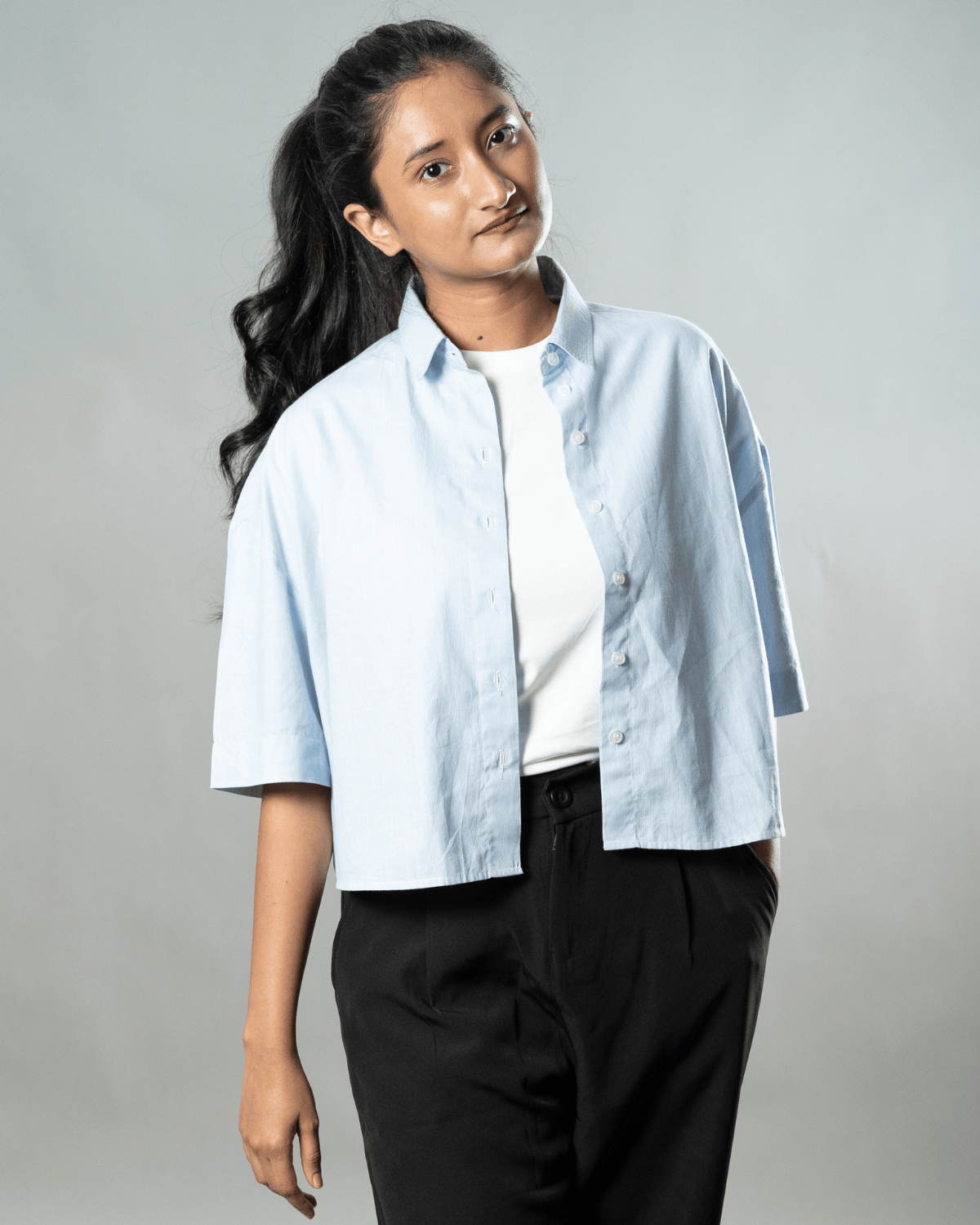 Mad Koffee Cropped Oversized Shirts — Baby Blue Stripe