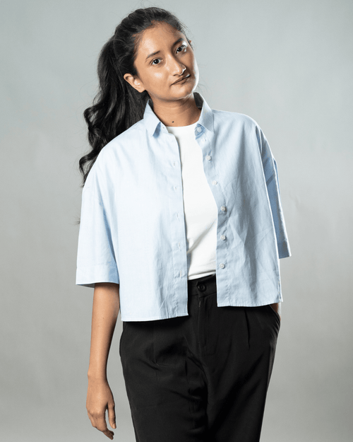 Load image 1 in gallery view. Mad Koffee Cropped Oversized Shirts — Baby Blue Stripe
