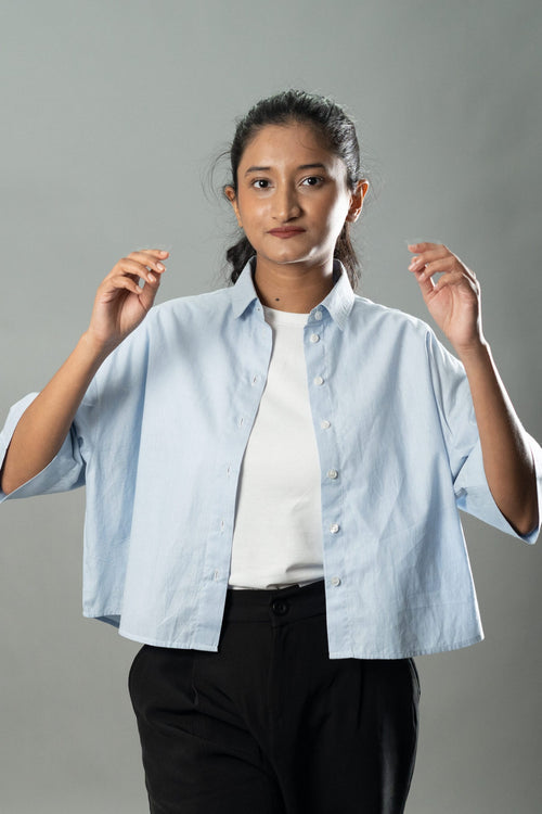 Load image 1 in gallery view. Mad Koffee Cropped Oversized Shirts — Baby Blue Stripe