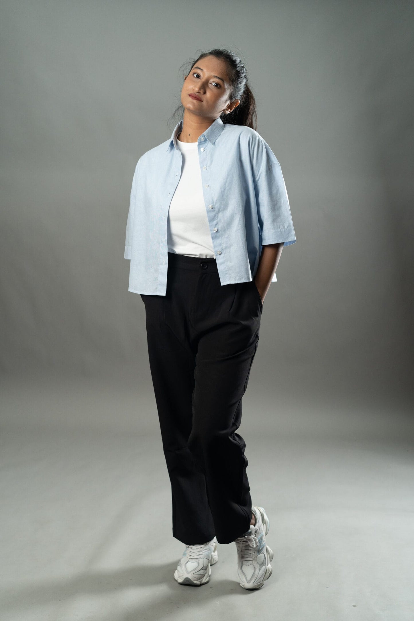 Mad Koffee Cropped Oversized Shirts — Baby Blue Stripe