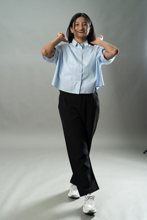 Load image 1 in gallery view. Mad Koffee Cropped Oversized Shirts — Baby Blue Stripe