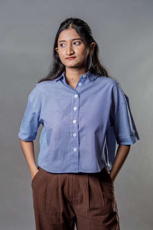 Load image 1 in gallery view. Mad Koffee Cropped Oversized Shirts — Blue Striped