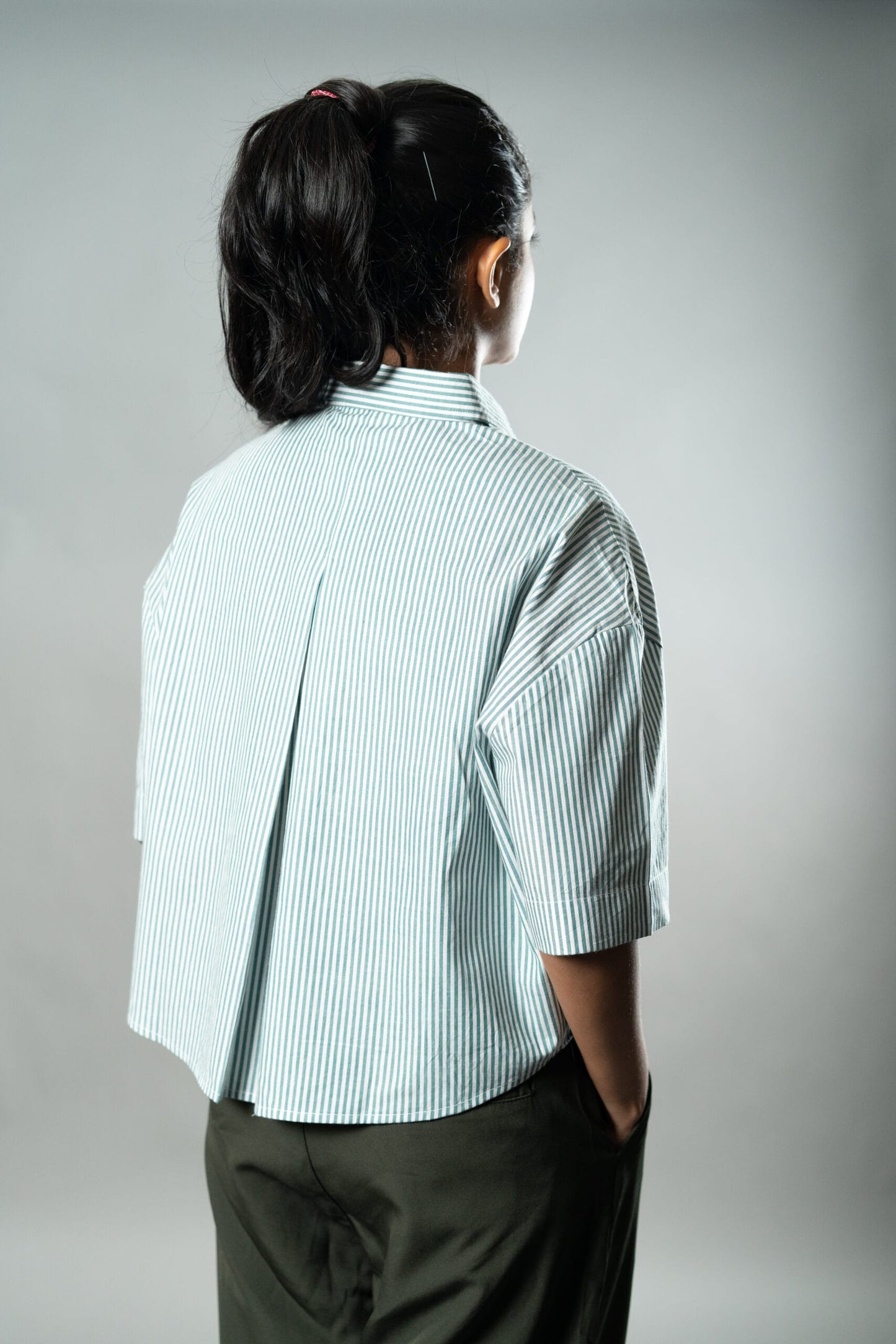 Mad Koffee Cropped Oversized Shirts — Mint Green Stripes