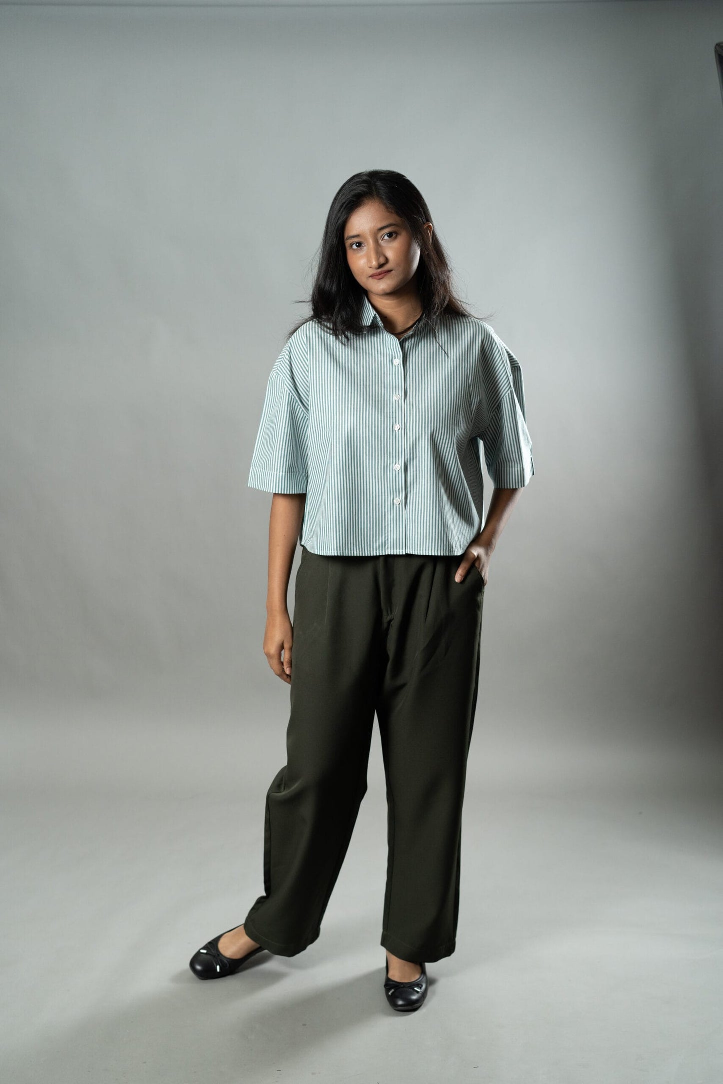 Mad Koffee Cropped Oversized Shirts — Mint Green Stripes