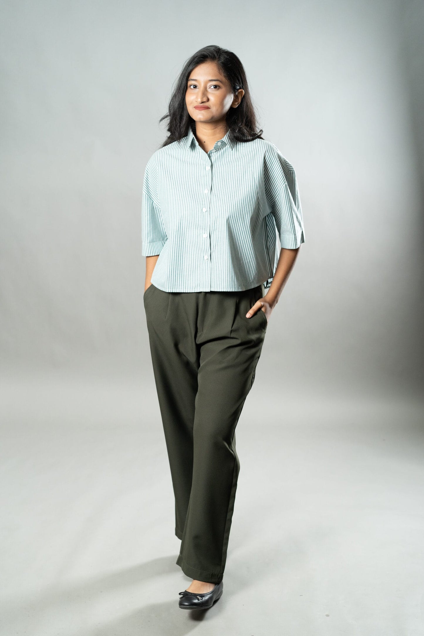 Mad Koffee Cropped Oversized Shirts — Mint Green Stripes