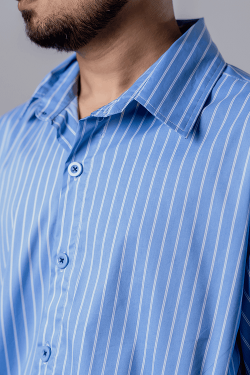 Load image 1 in gallery view. Mad Koffee Embroidery Blue Stripe Shirt – Stay Mad
