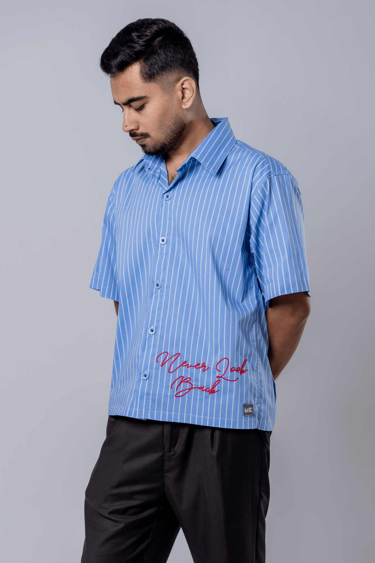 Mad Koffee Embroidery Blue Stripe Shirt – Stay Mad