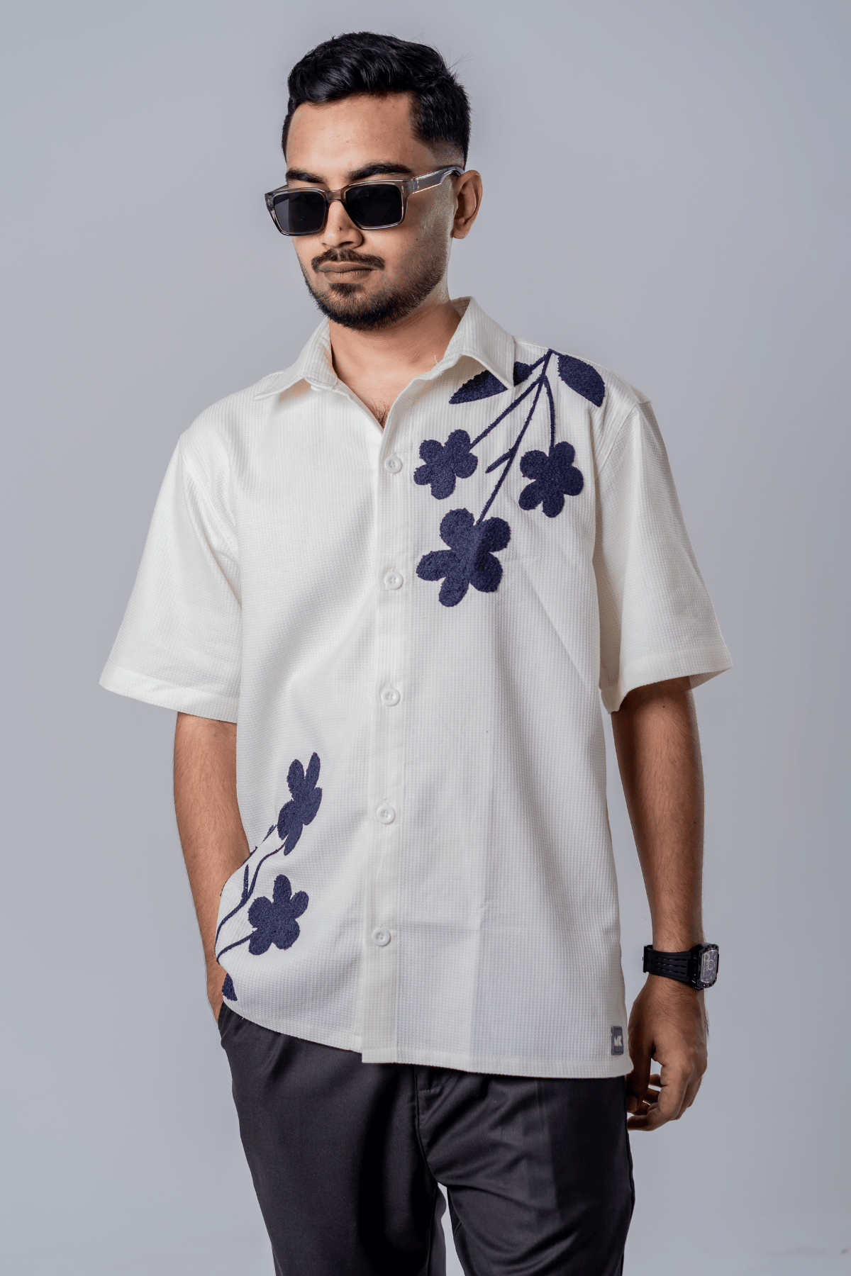 Mad Koffee Floral Patch Waffle Shirt- Off White