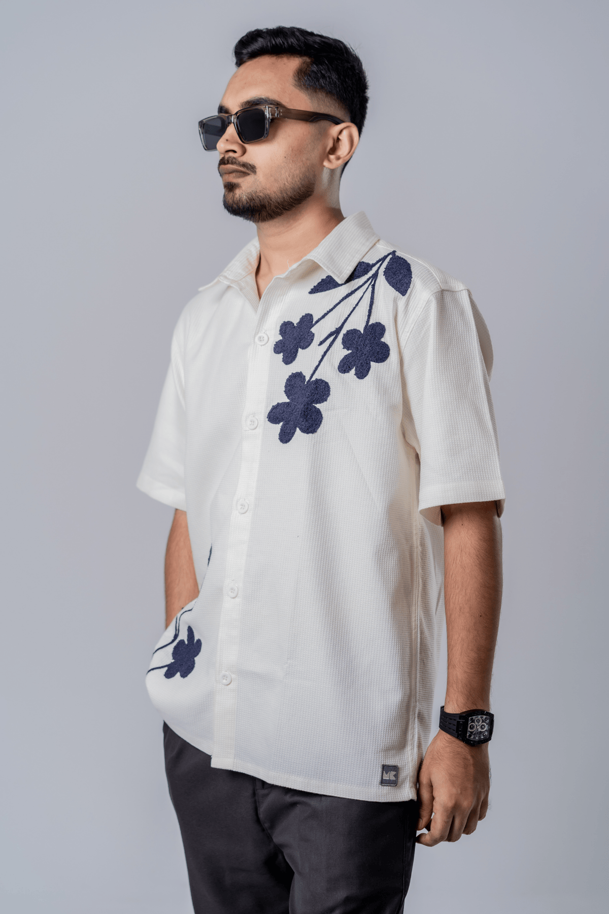 Mad Koffee Floral Patch Waffle Shirt- Off White