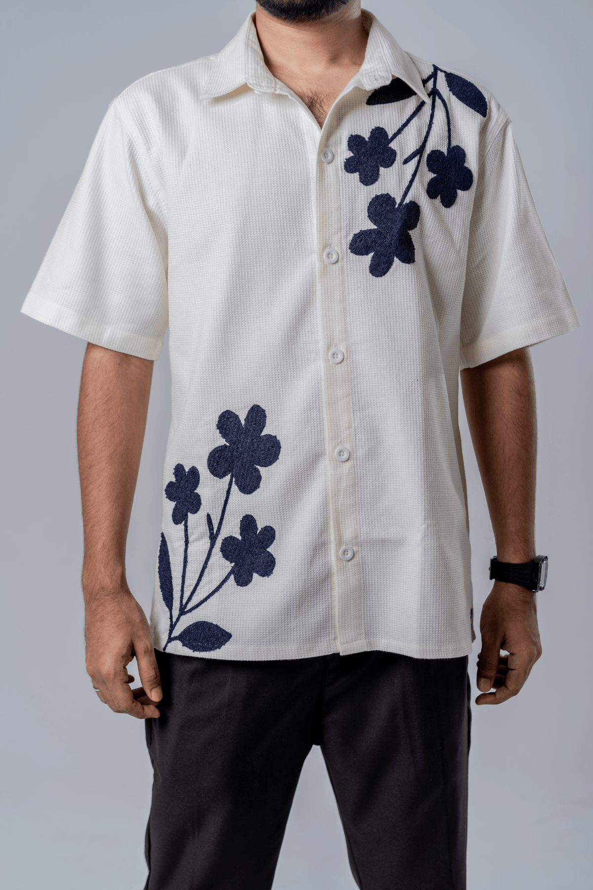 Mad Koffee Floral Patch Waffle Shirt- Off White