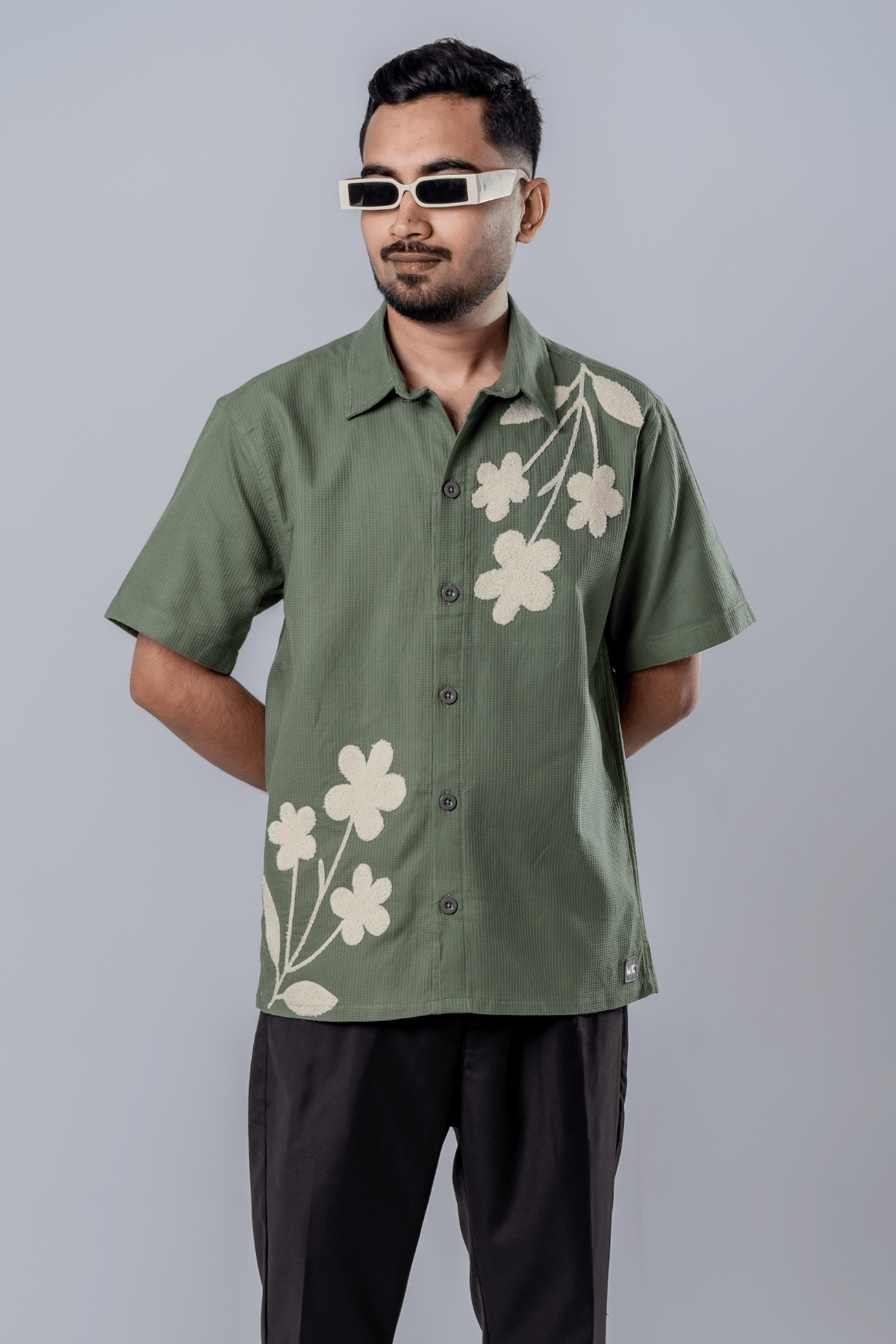 Mad Koffee Floral Patch Waffle Shirt- Olive Green