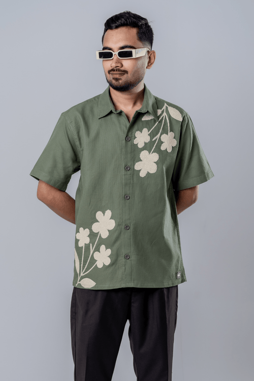 Load image 1 in gallery view. Mad Koffee Floral Patch Waffle Shirt- Olive Green