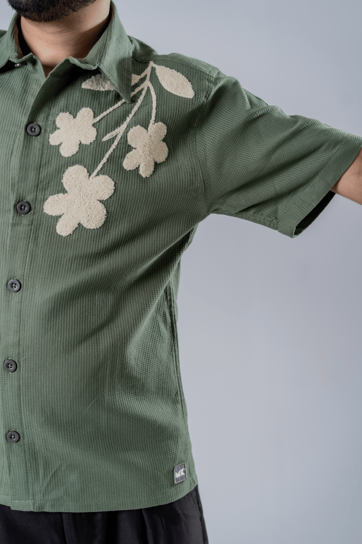 Mad Koffee Floral Patch Waffle Shirt- Olive Green