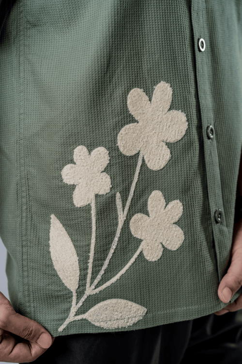 Load image 1 in gallery view. Mad Koffee Floral Patch Waffle Shirt- Olive Green