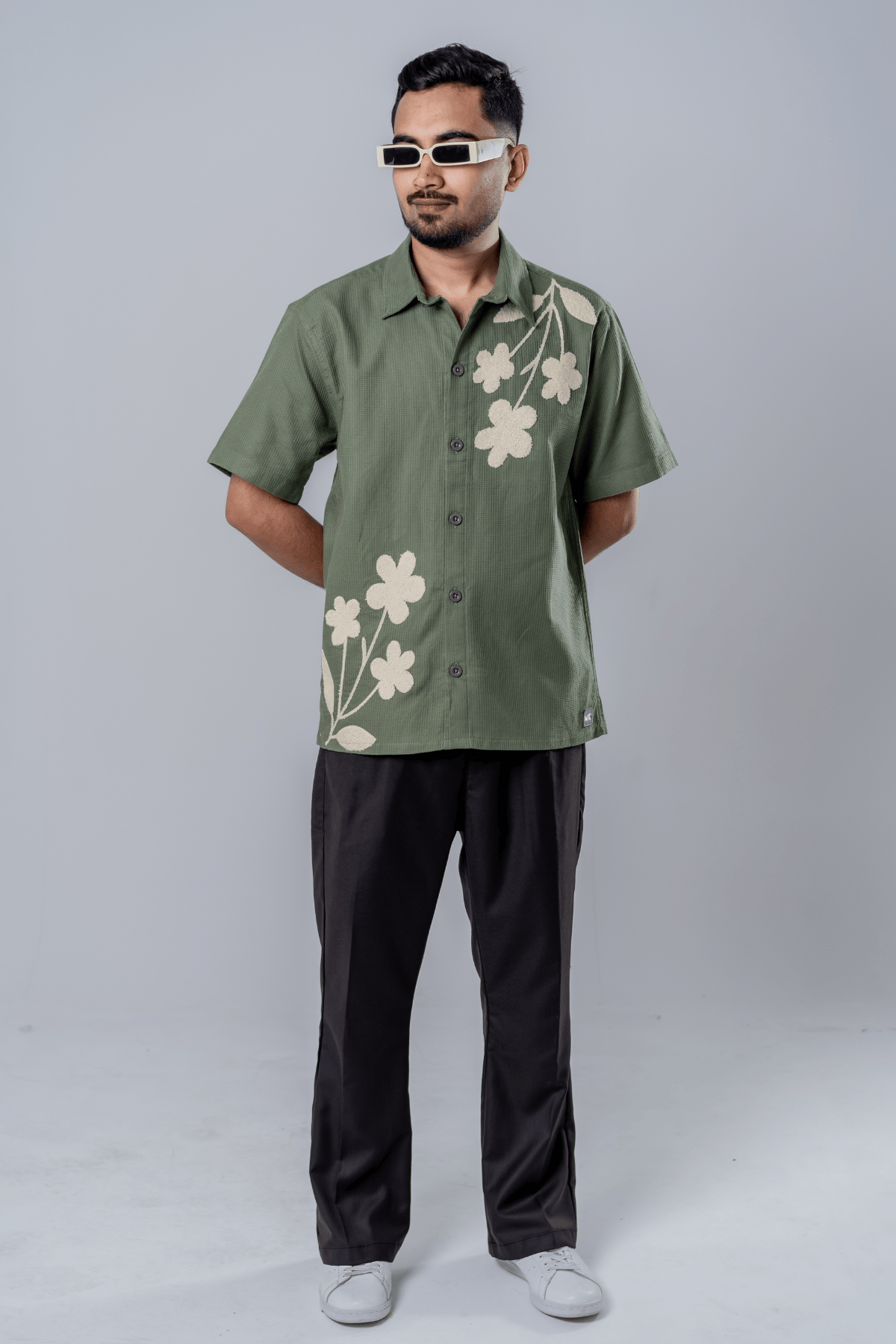 Mad Koffee Floral Patch Waffle Shirt- Olive Green