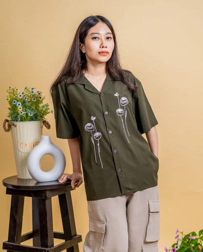 Embroidery Cuban Shirts — Olive