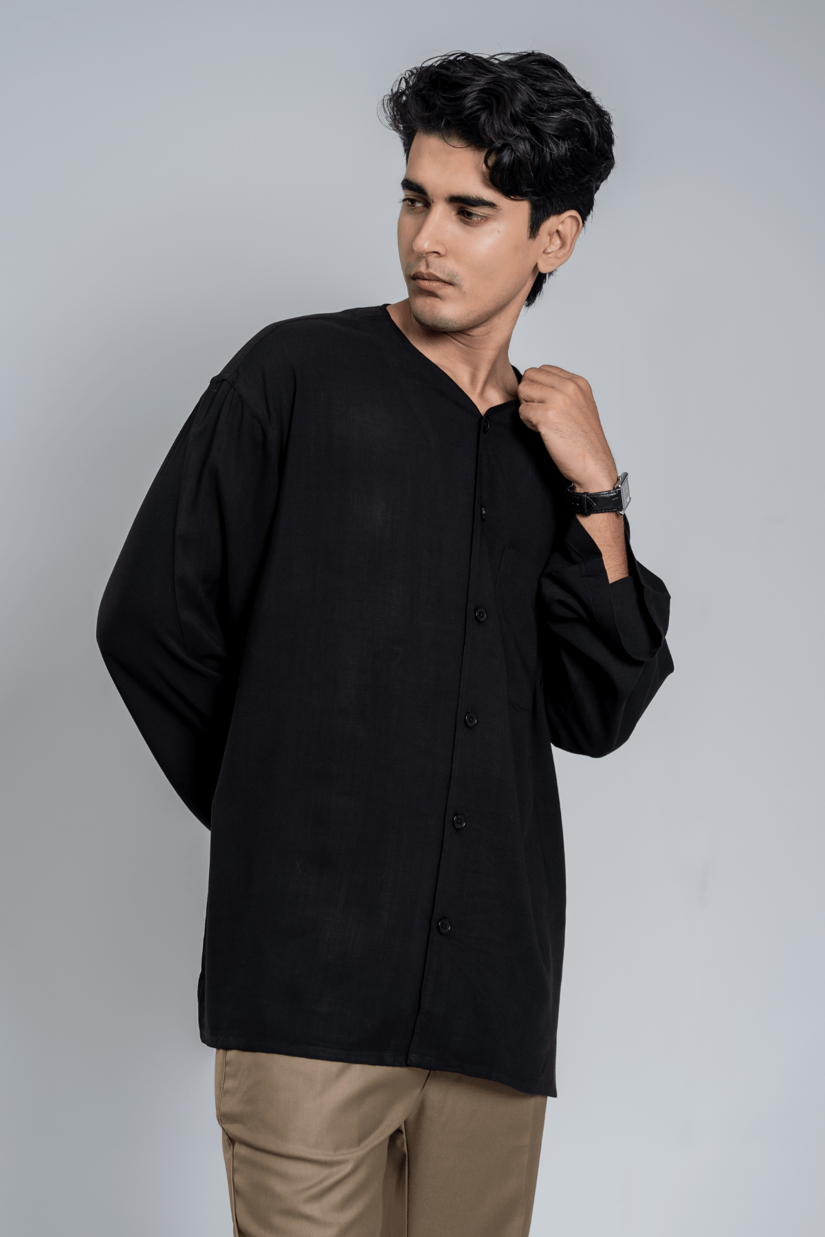 Mad Koffee Oversized Collarless Shirt with Flared sleeves - Black