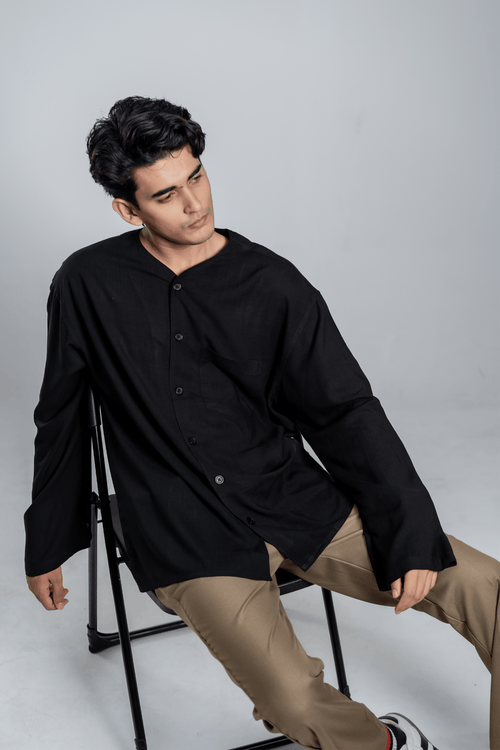 Load image 1 in gallery view. Mad Koffee Oversized Collarless Shirt with Flared sleeves - Black