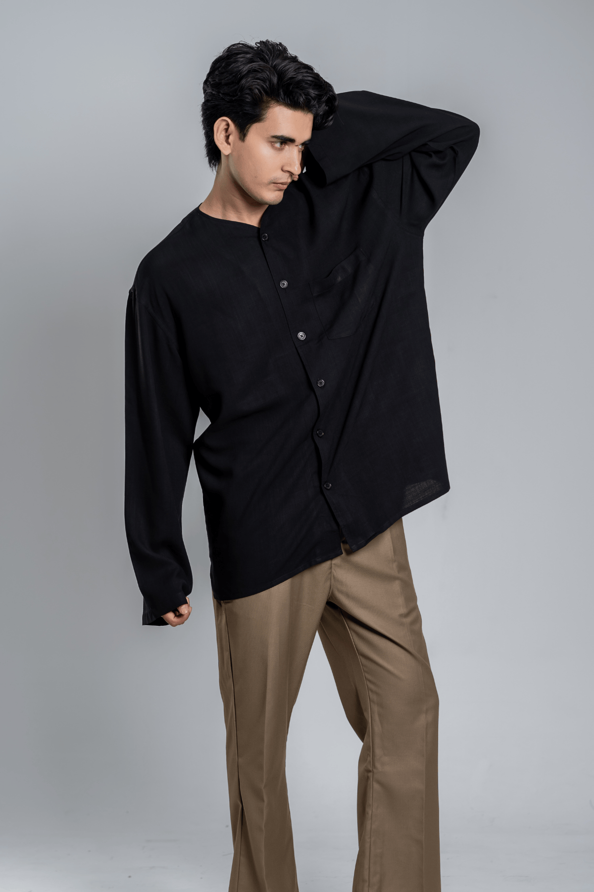 Mad Koffee Oversized Collarless Shirt with Flared sleeves - Black